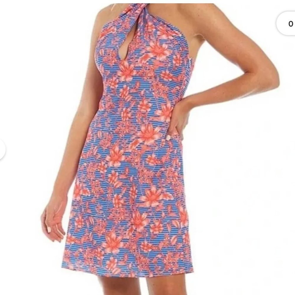 Belle Badgley Mischka Blue Pink Delilah Floral Halter Dress Open Back Sundress 8